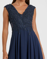 Navy Cap Sleeve Applique Bodice Flowy Gown