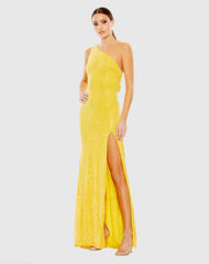 Yellow Sequined One Shoulder Draped Back Gown