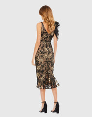 Black Floral Embellished V-neck Midi Dress with Shoulder Bow