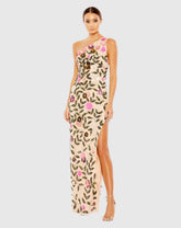 Beige Floral Sequined One Shoulder Column Gown