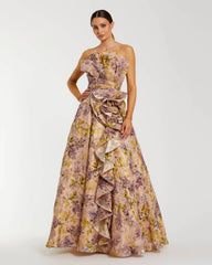 Pink Strapless Velvet Floral Ball Gown with 3D Rosette