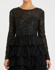 Black Long Sleeve Ruffle Tiered Midi Dress