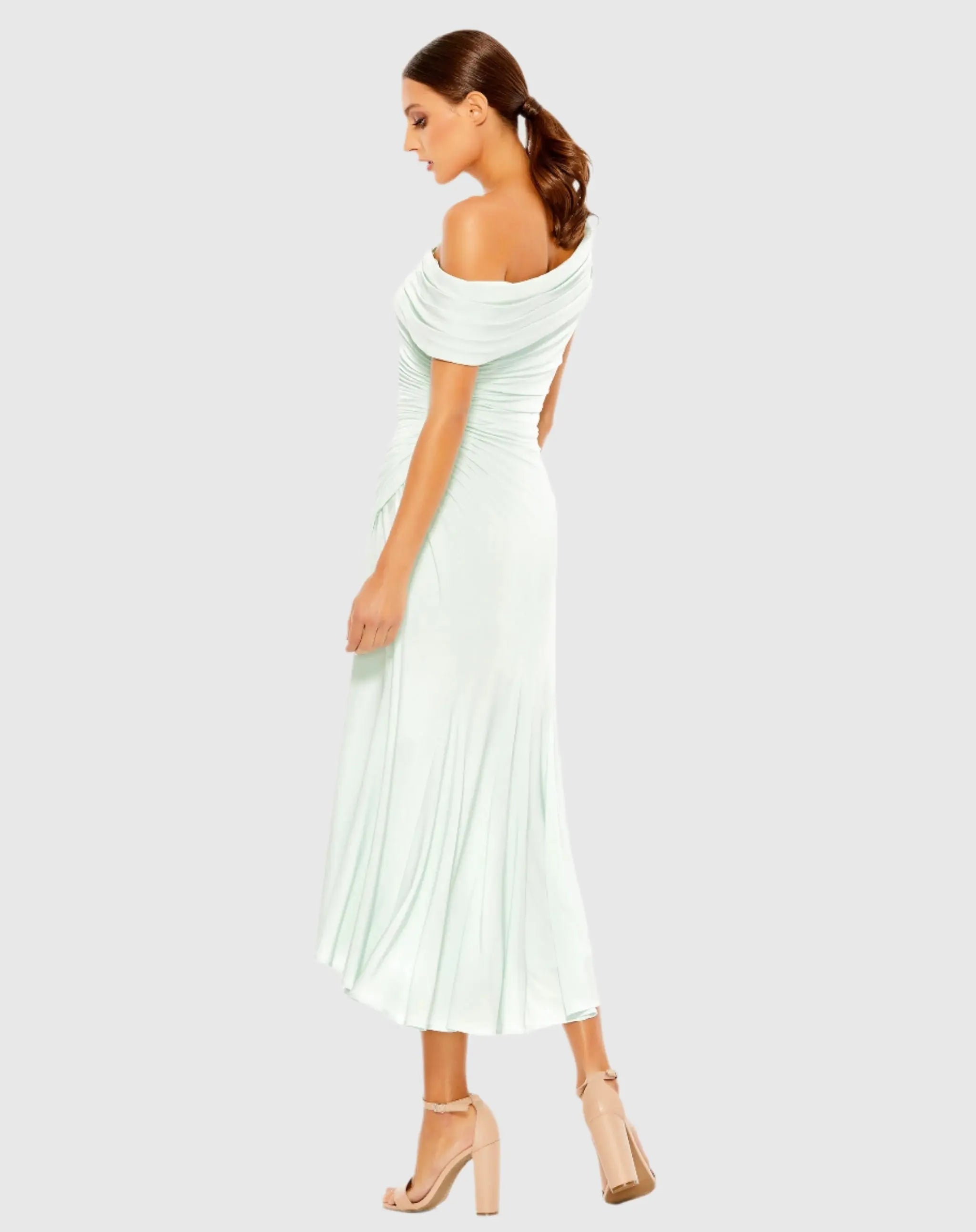Green Ruched Off-The-Shoulder Midi Dress