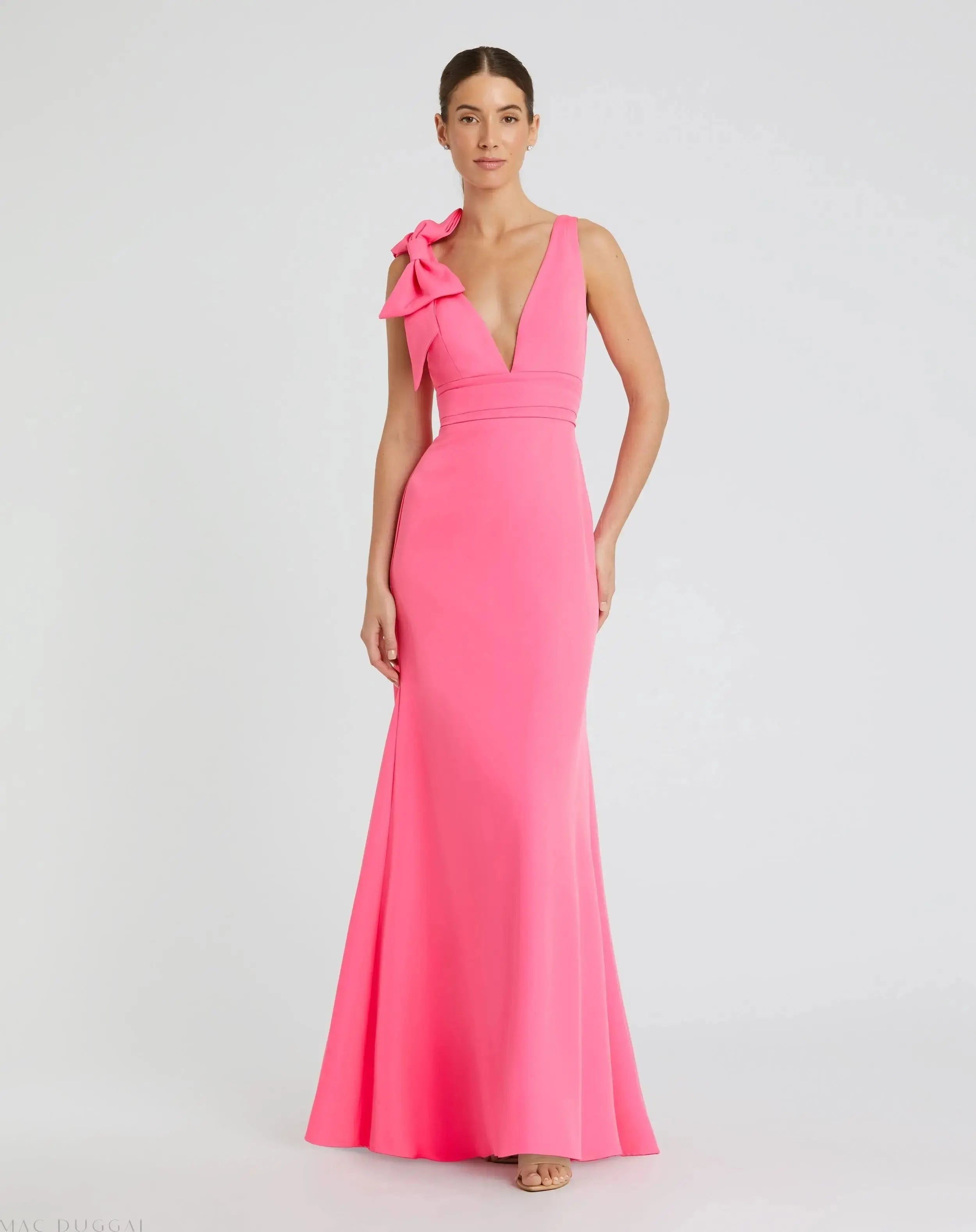 Sleeveless V Neck Bow Detail Mermaid Gown