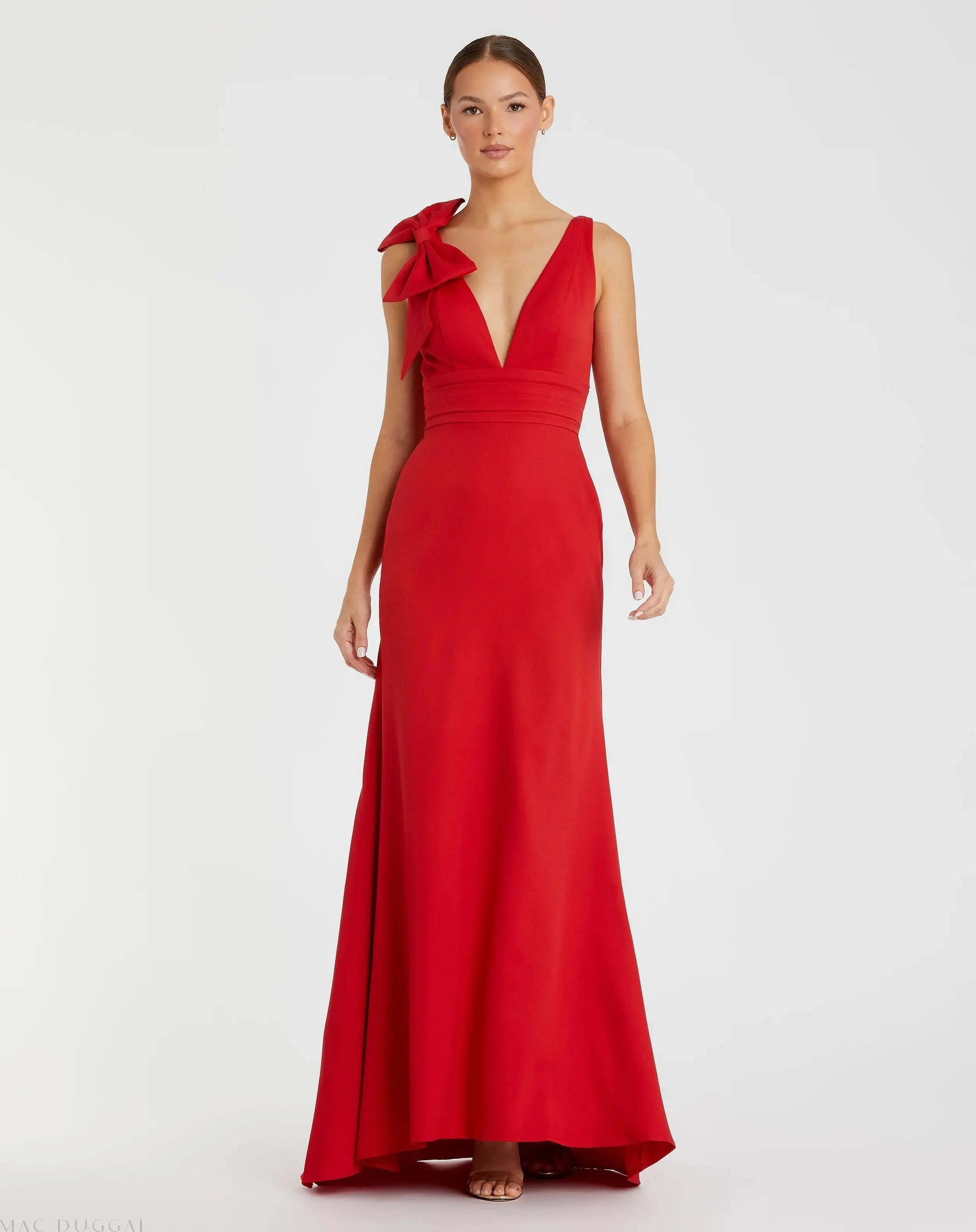 Sleeveless V Neck Bow Detail Mermaid Gown