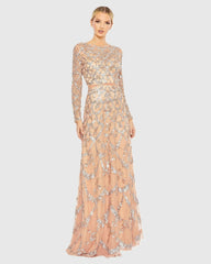 Embellished Illusion High Neck Long Sleeve A Line Gown