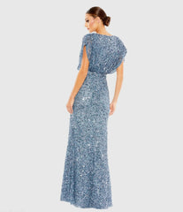 Blue Draped Sleeve V Neck Gown