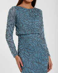 Blue Long Sleeve Beaded Blouson Gown
