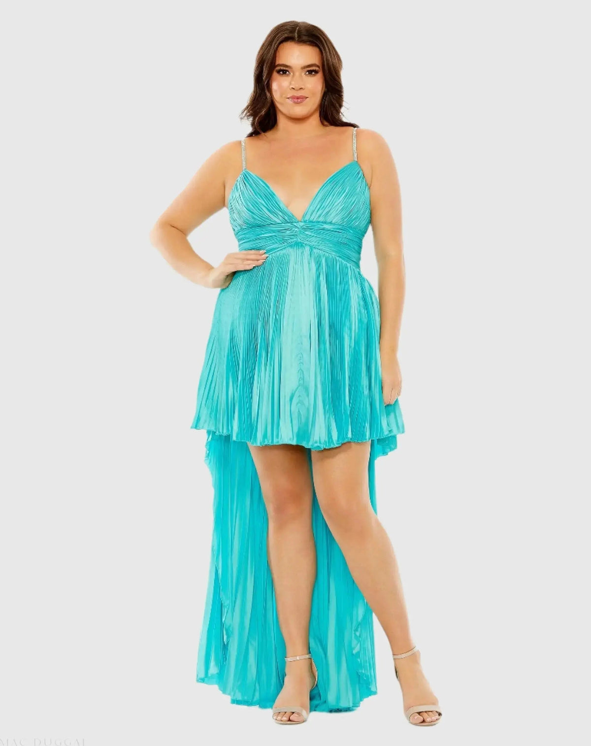 Rhinestone High Low Pleated Gown