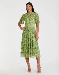 Illusion Floral Midi Dress with Ruffle Detailing