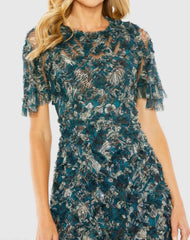 Blue Flutter Sleeve Floral Ruffle Detail Maxi Dress