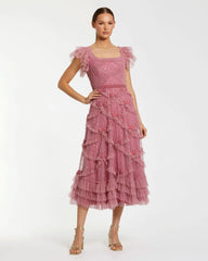 Pink Flutter Sleeve Sequin A Line Midi Dress