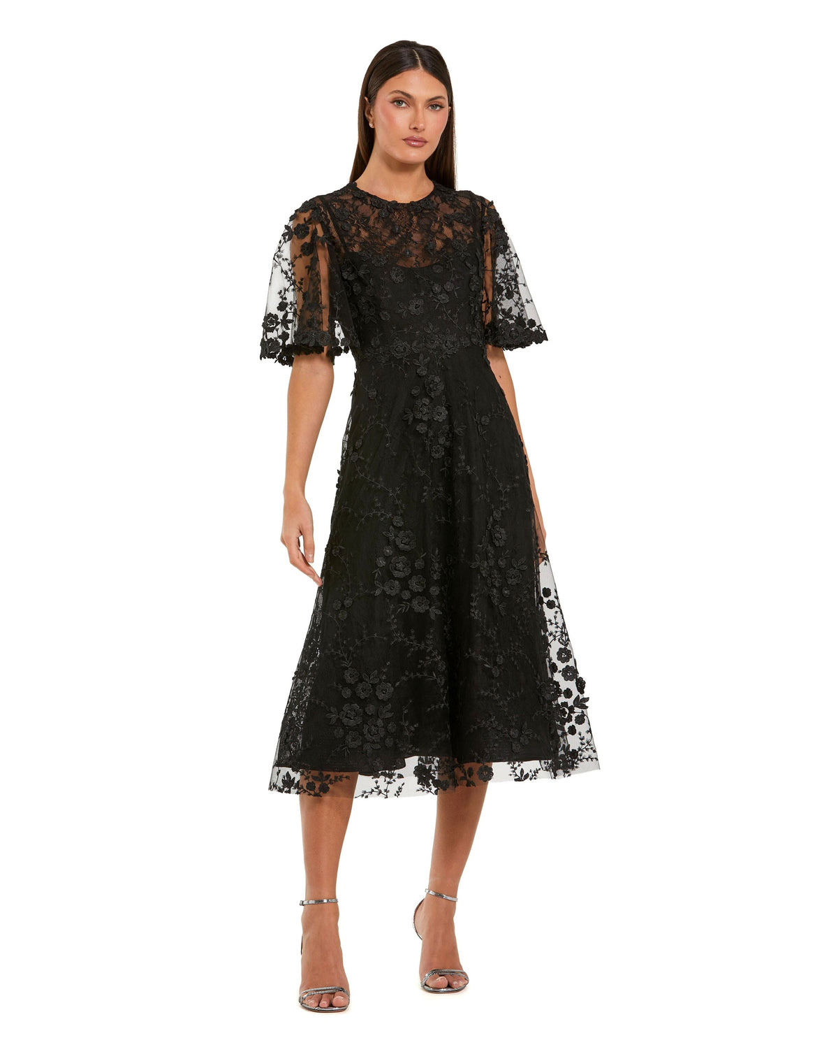 Floral Embroidered Mesh Midi Dress with Flutter Sleeves